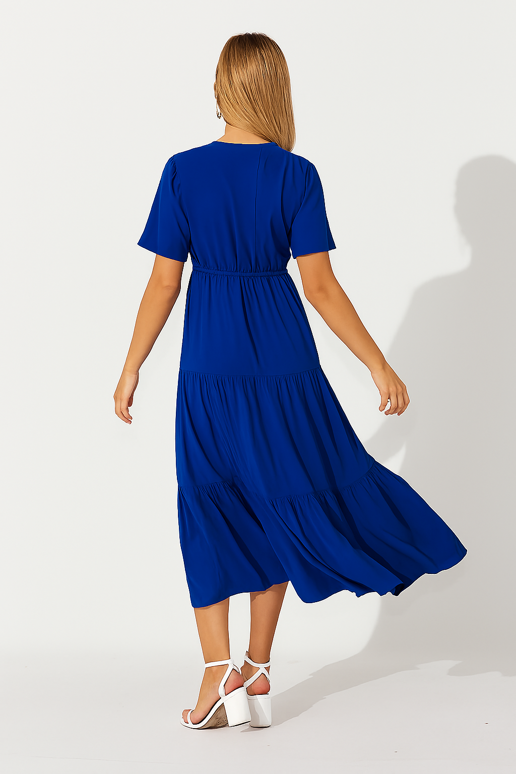 Women Blue Tiered Maxi Dress with Cinched Waist & Side Pockets