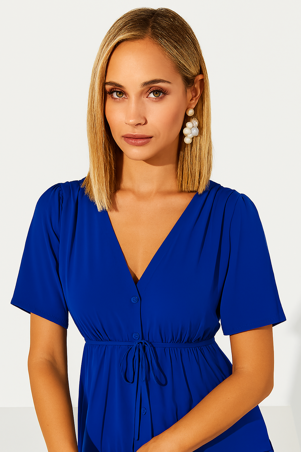 Women Blue Tiered Maxi Dress with Cinched Waist & Side Pockets