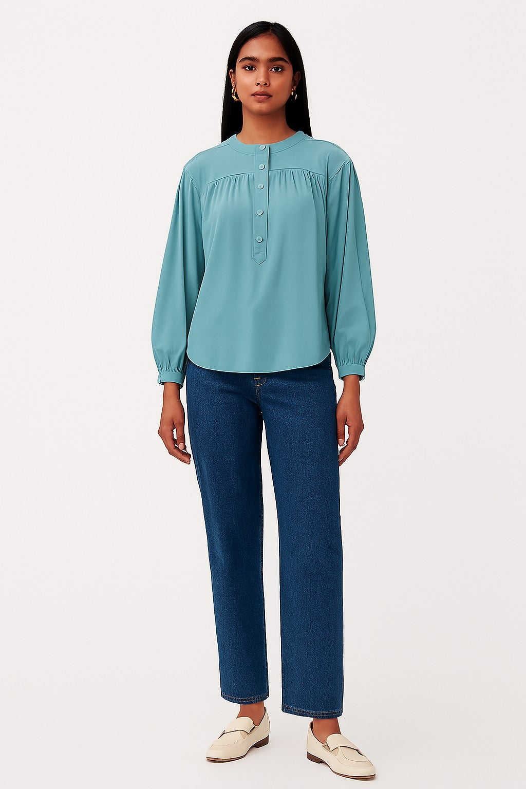 Women Blue Cotton Loose Fit Top