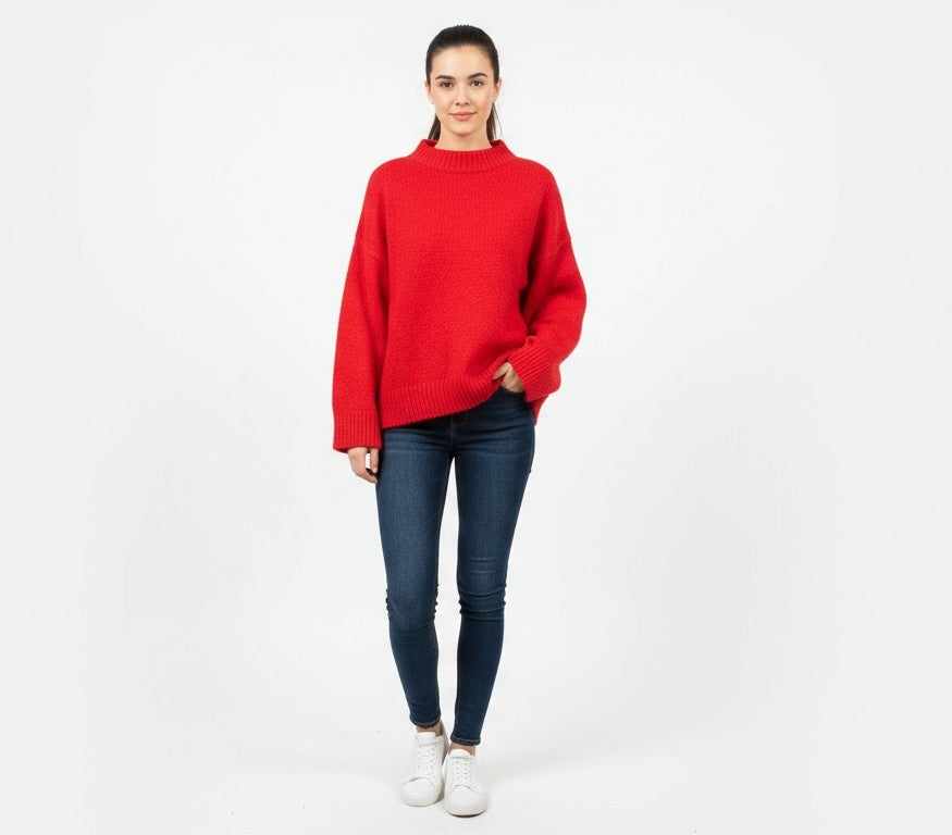 Women Red Acrylic Full Sleeve Cozy High Neck Sweater
