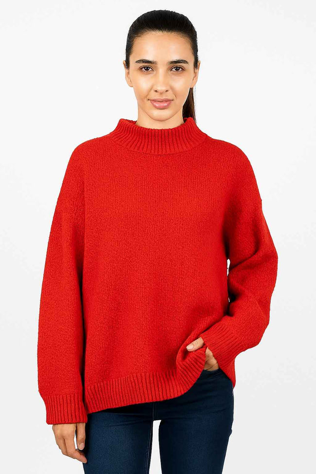 Women Red Acrylic Full Sleeve Cozy High Neck Sweater