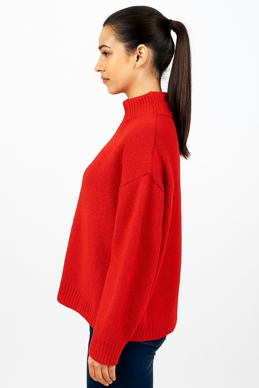 Women Red Acrylic Full Sleeve Cozy High Neck Sweater