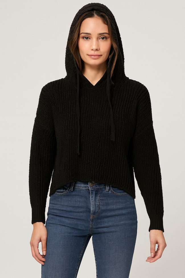 Women Black Knitted Acrylic Hoodie Sweater