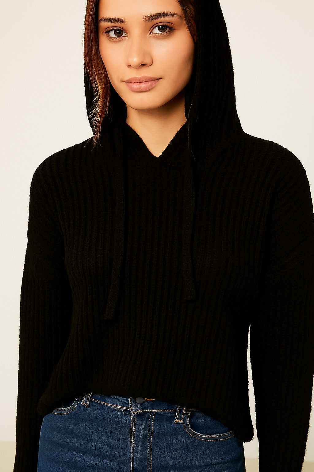 Women Black Knitted Acrylic Hoodie Sweater