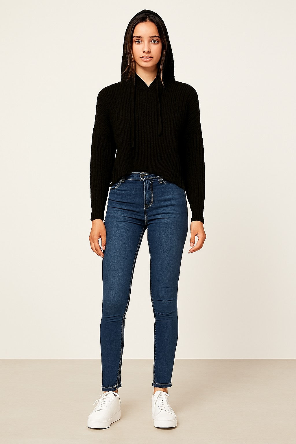 Women Black Knitted Acrylic Hoodie Sweater