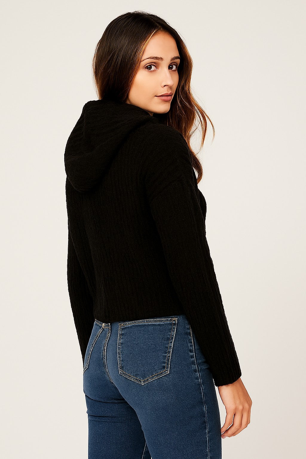 Women Black Knitted Acrylic Hoodie Sweater