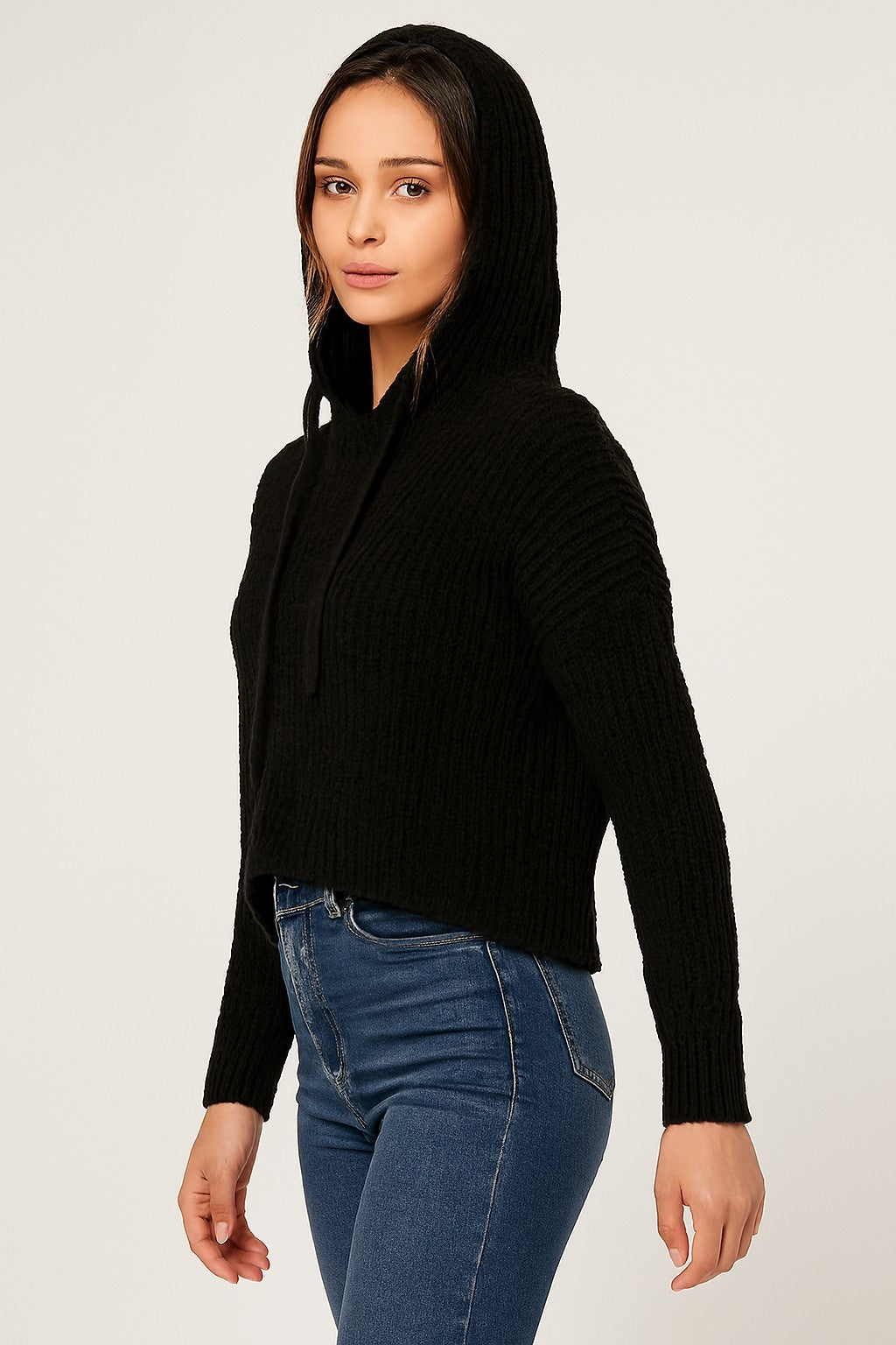 Women Black Knitted Acrylic Hoodie Sweater