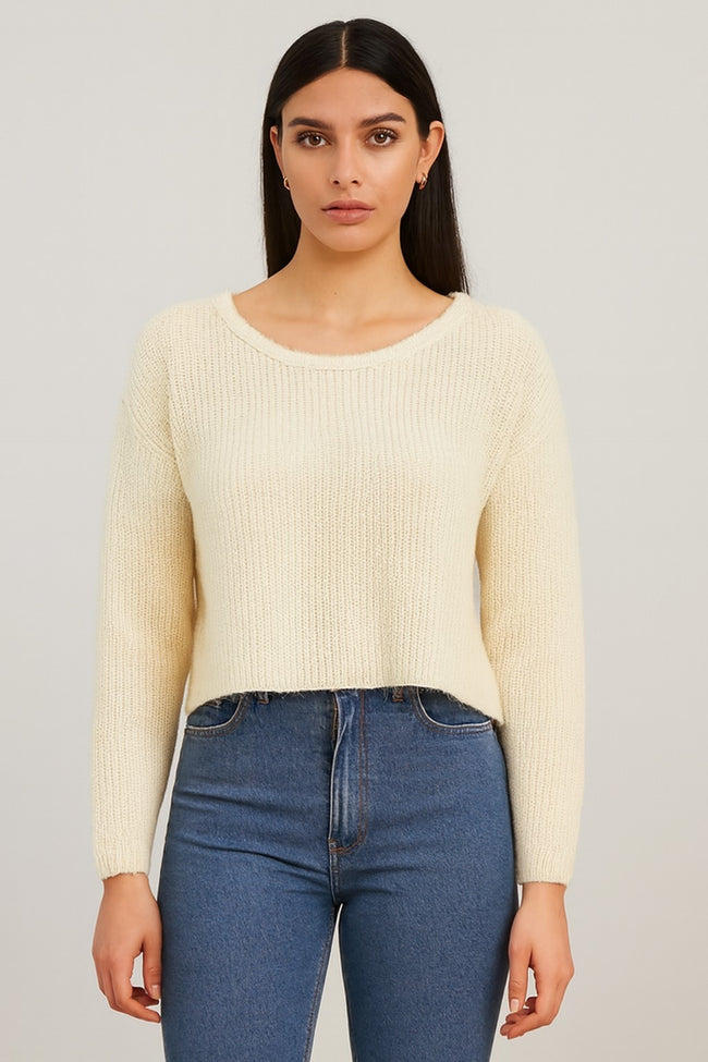Women Cream Knitted Acrylic Sweater