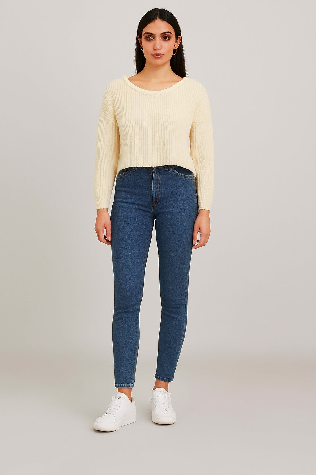 Women Cream Knitted Acrylic Sweater