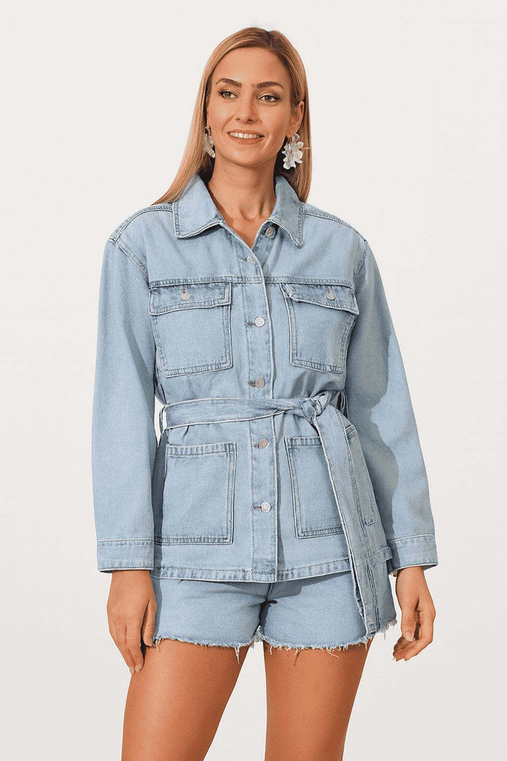 Women Blue Cotton Belted Jacket