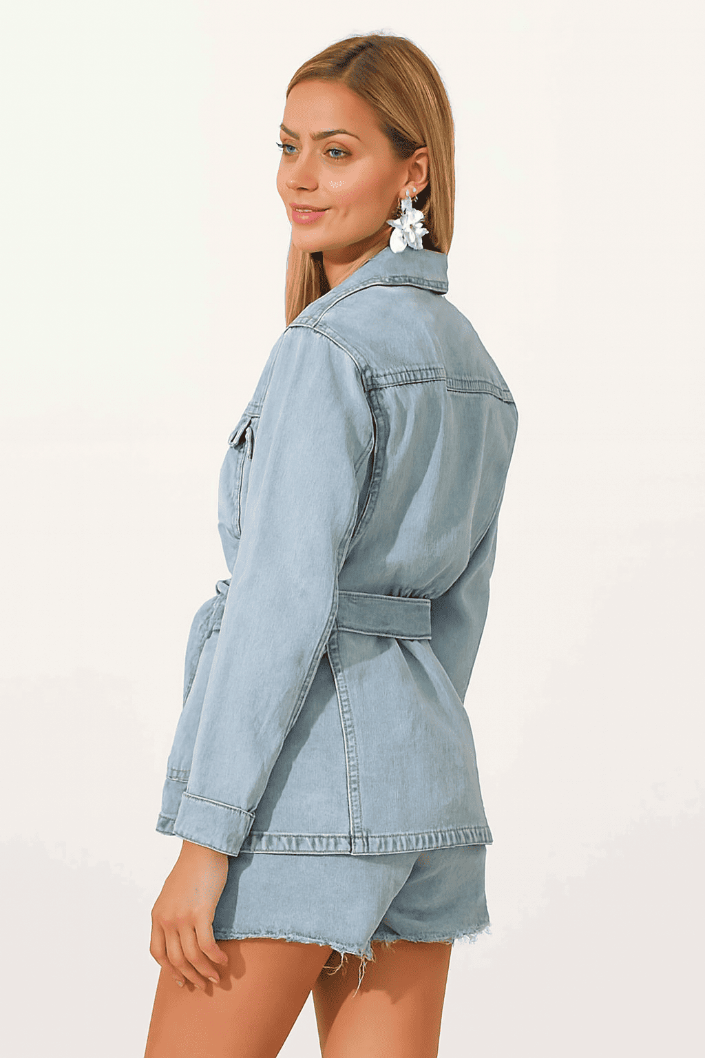 Women Blue Cotton Belted Jacket