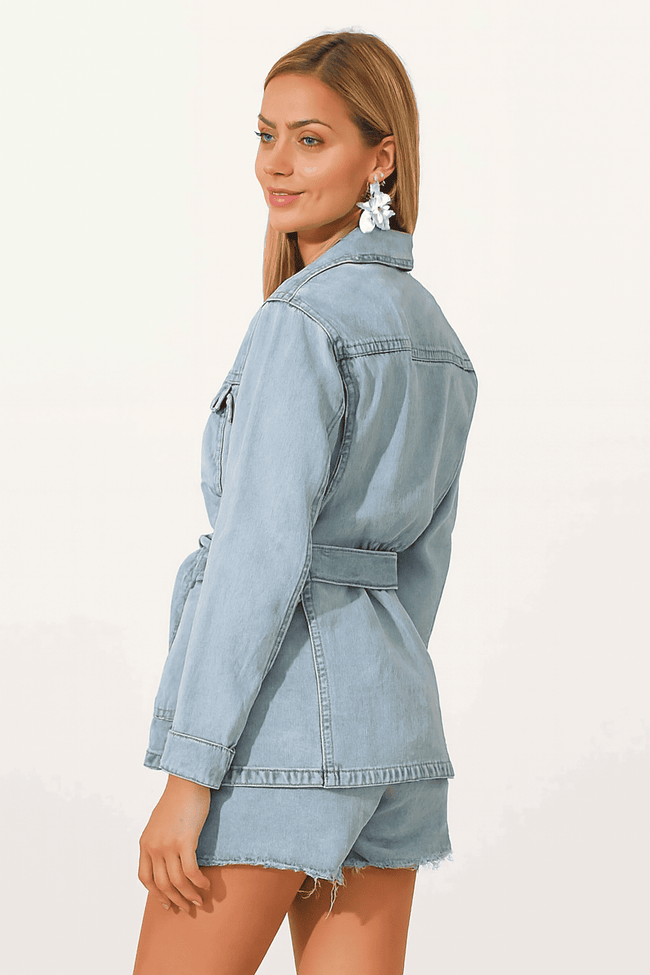 Women Blue Cotton Belted Jacket