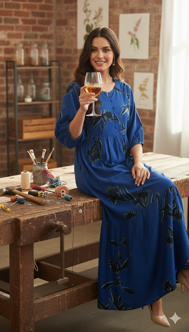 Women Blue Rayon Floral Print Maxi Dress