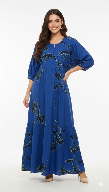 Women Blue Rayon Floral Print Maxi Dress