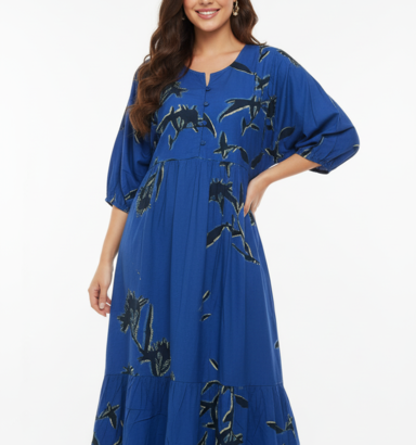 Women Blue Rayon Floral Print Maxi Dress