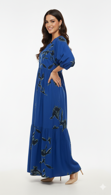 Women Blue Rayon Floral Print Maxi Dress