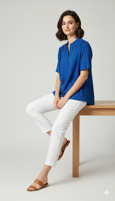 Women Blue Cotton Shirt Style Top