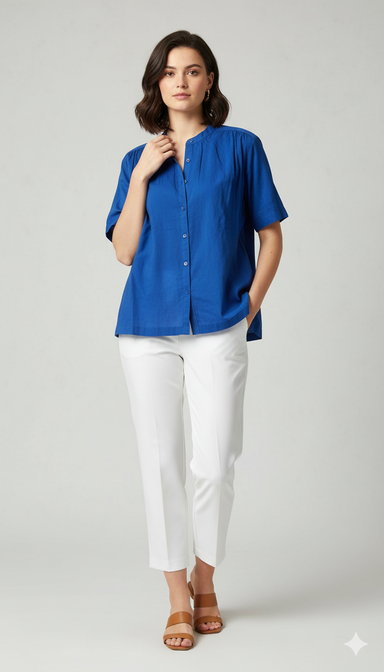 Women Blue Cotton Shirt Style Top