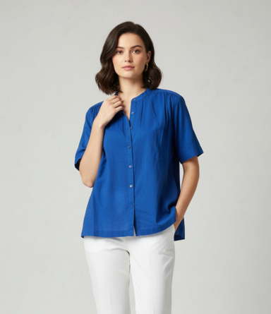 Women Blue Cotton Shirt Style Top