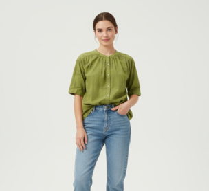 Women Green Cotton Shirt Style Top