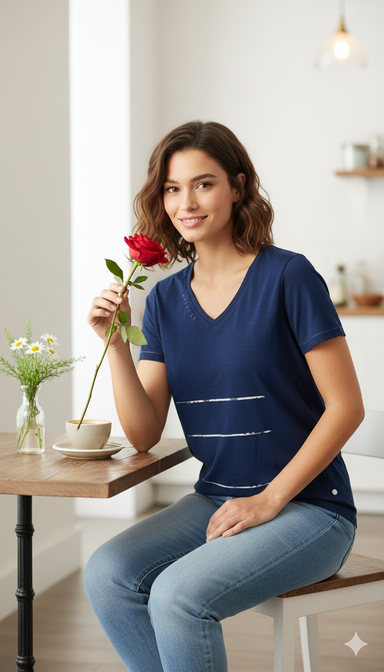 Women Blue V-Neck T-Shirt