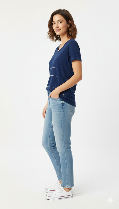 Women Blue V-Neck T-Shirt