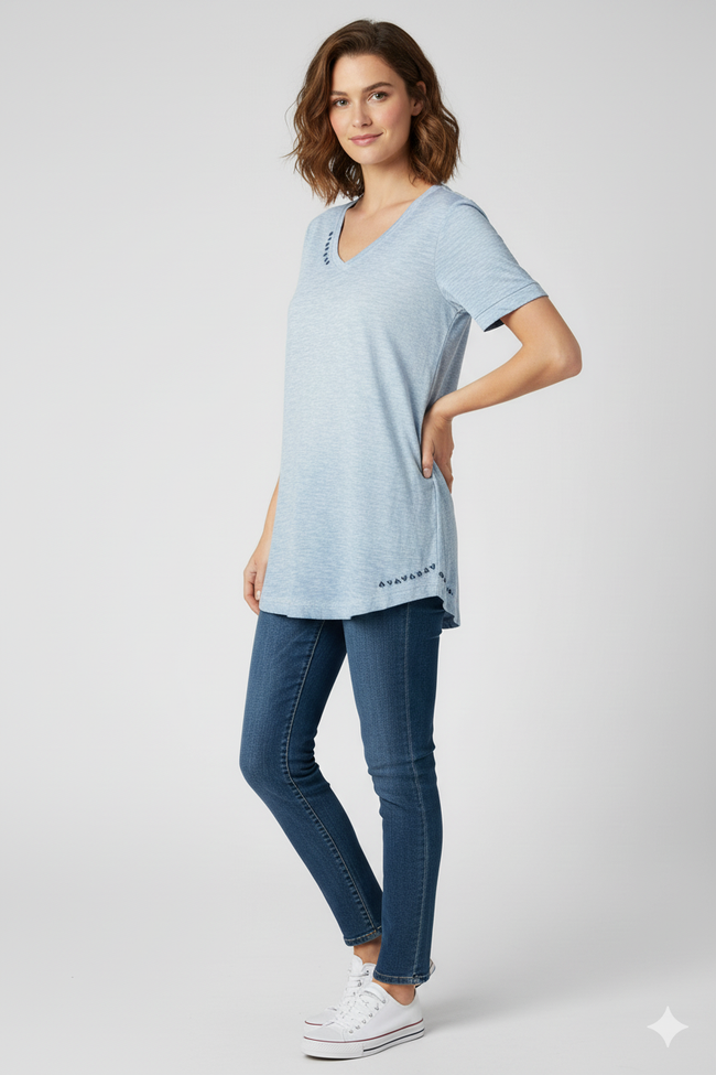 Women Blue Cotton V-Neck T-Shirt