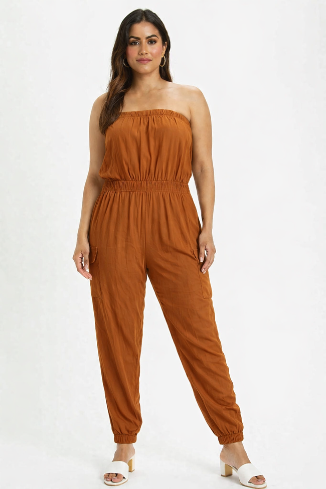 Women Brown Tube Jumpsuit
