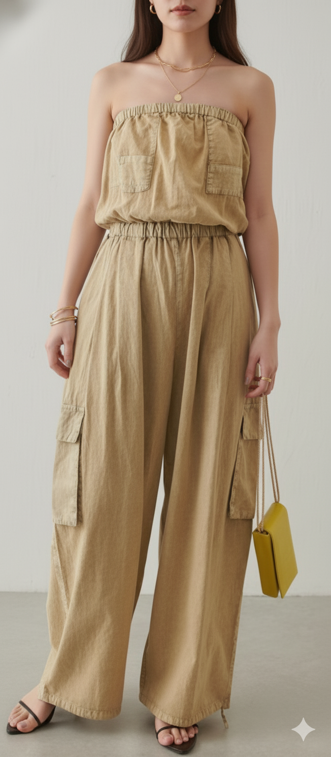 Women Brown Cotton Tube Cargo Jumpsuit