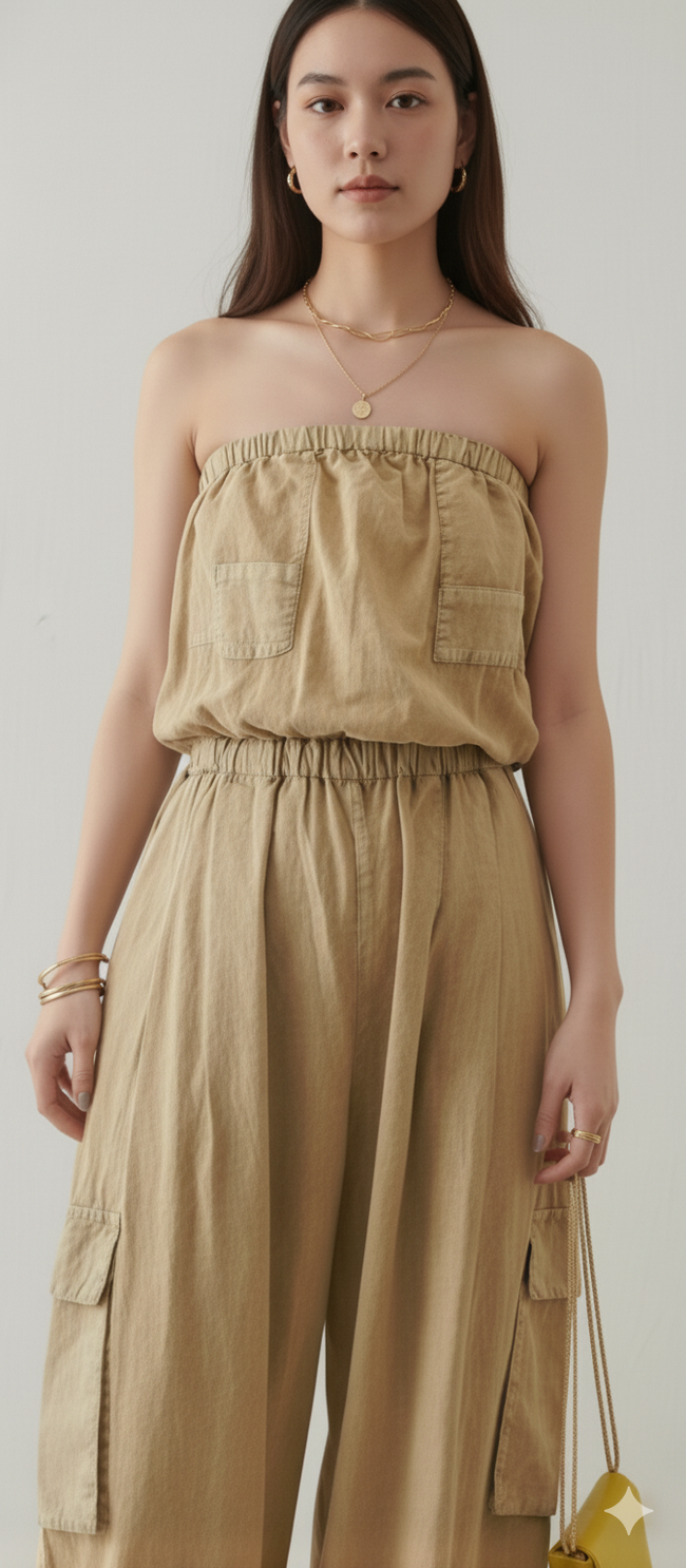 Women Brown Cotton Tube Cargo Jumpsuit