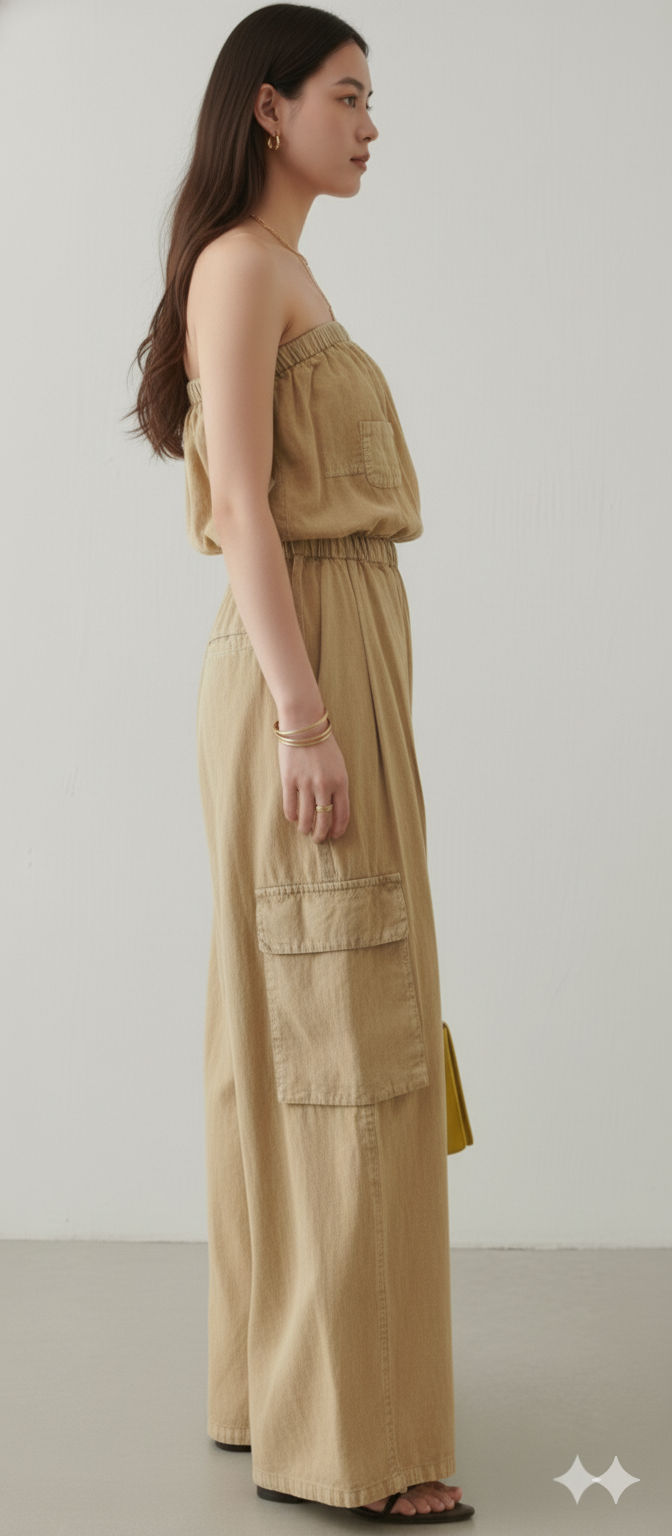Women Brown Cotton Tube Cargo Jumpsuit
