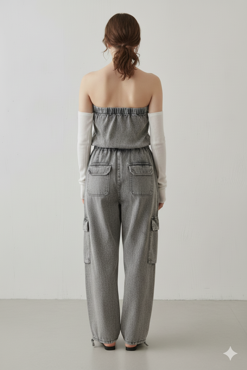 Women Grey Cotton Tube Cargo Jumpsuit