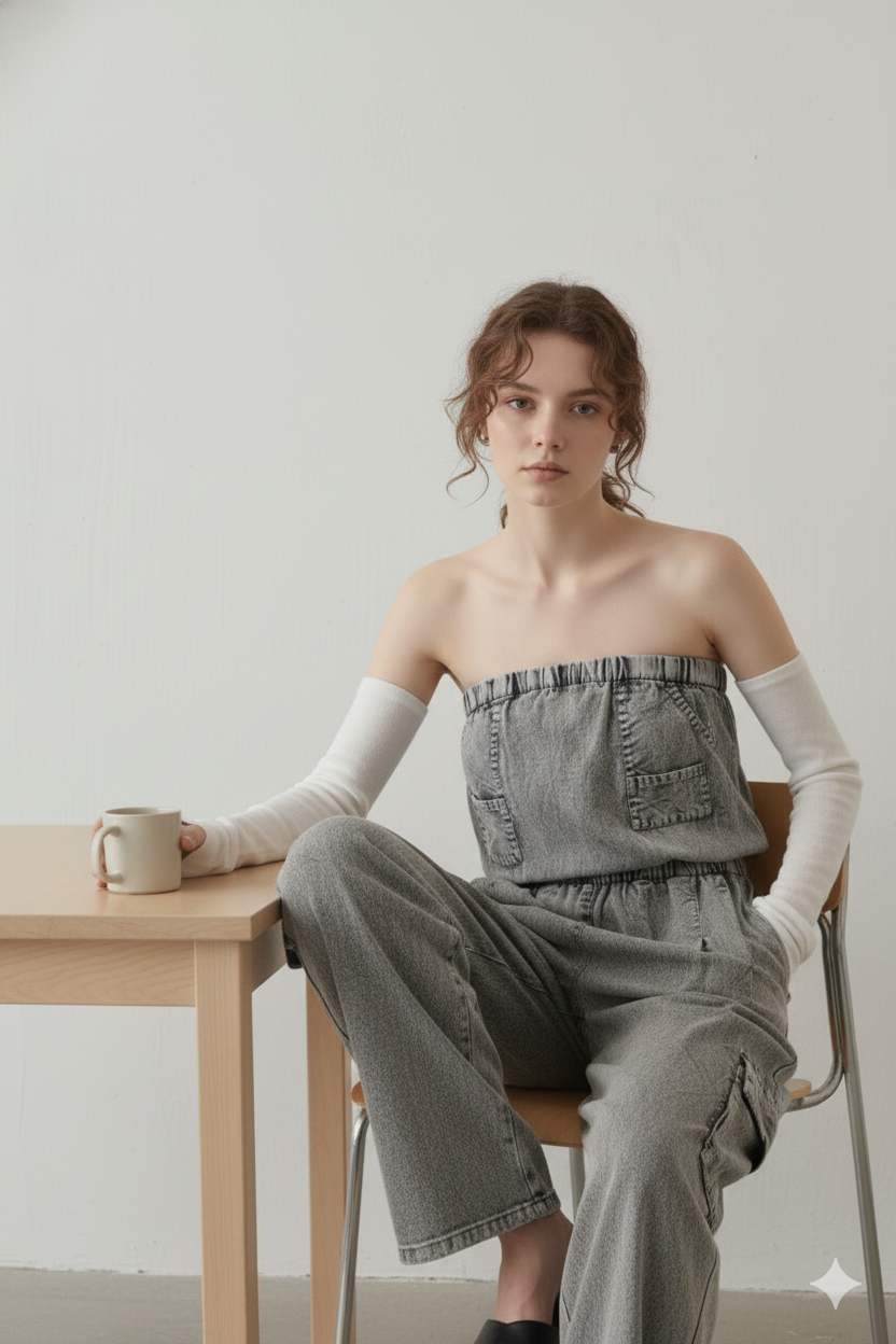Women Grey Cotton Tube Cargo Jumpsuit