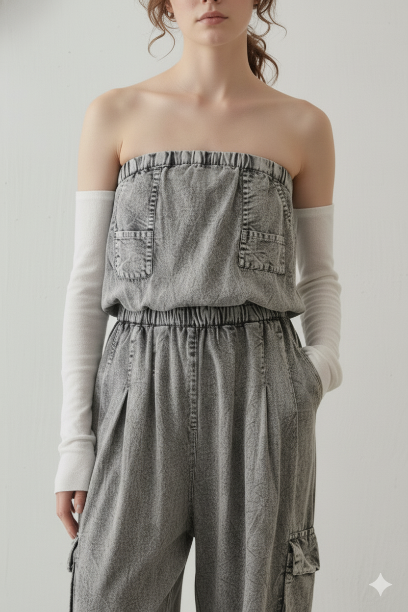 Women Grey Cotton Tube Cargo Jumpsuit