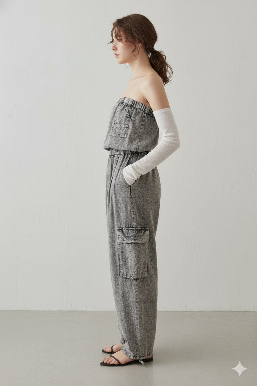 Women Grey Cotton Tube Cargo Jumpsuit