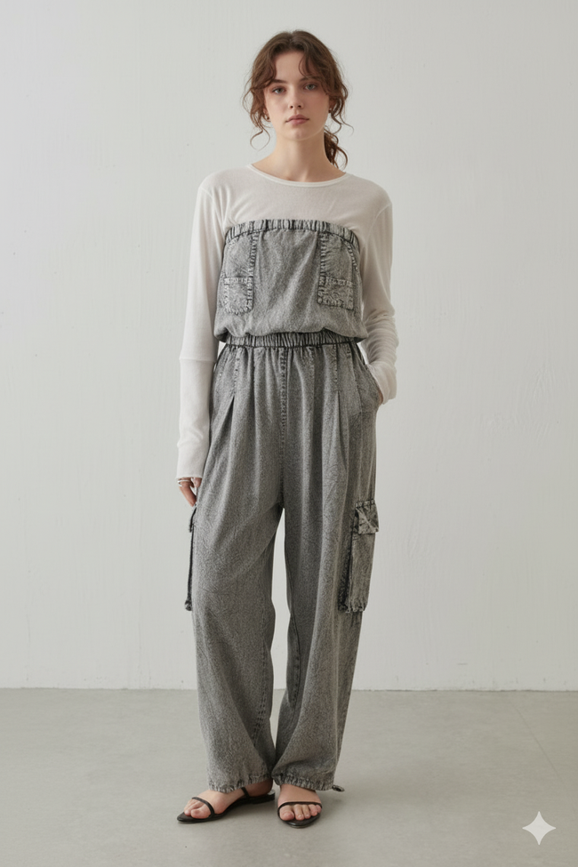 Women Grey Cotton Tube Cargo Jumpsuit