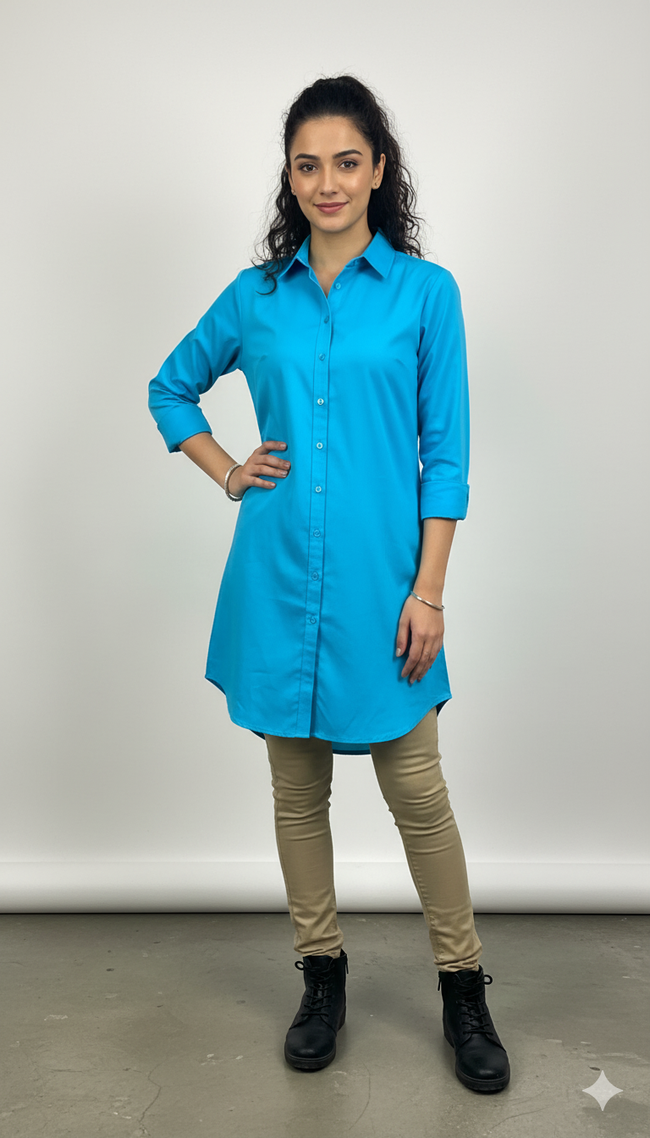 Women Blue Cotton Shirt Tunic