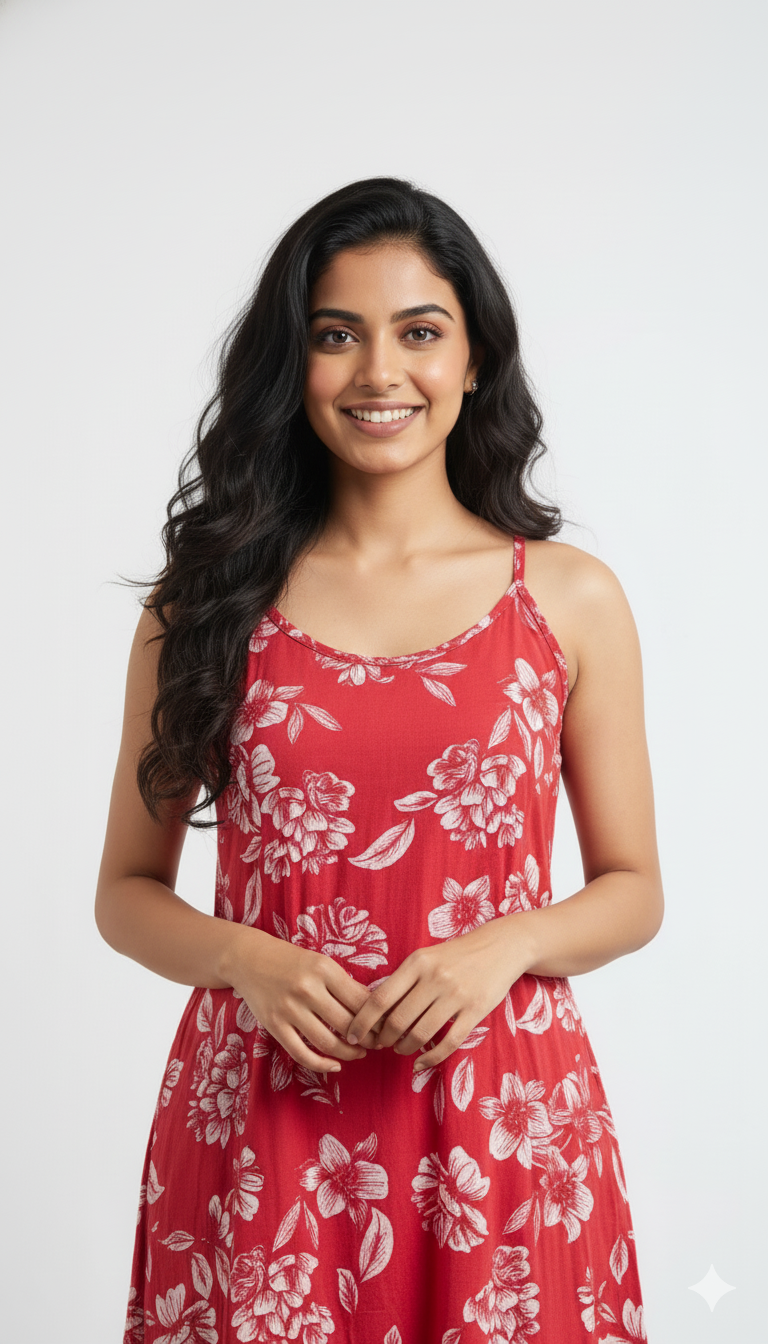 Women Red Cotton Sling Dress