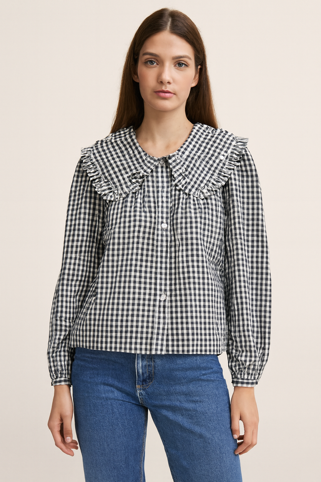 Women Black Cotton Gingham Frill Collar Shirt