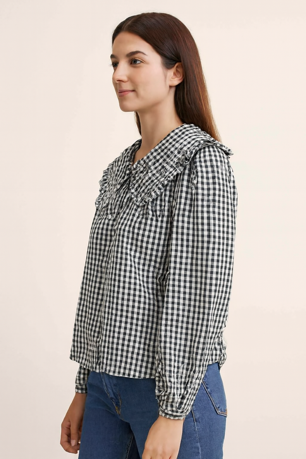 Women Black Cotton Gingham Frill Collar Shirt