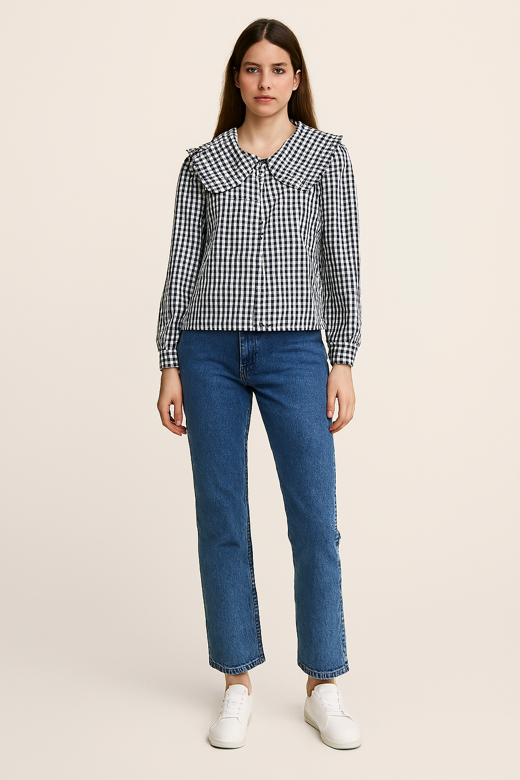 Women Black Cotton Gingham Frill Collar Shirt