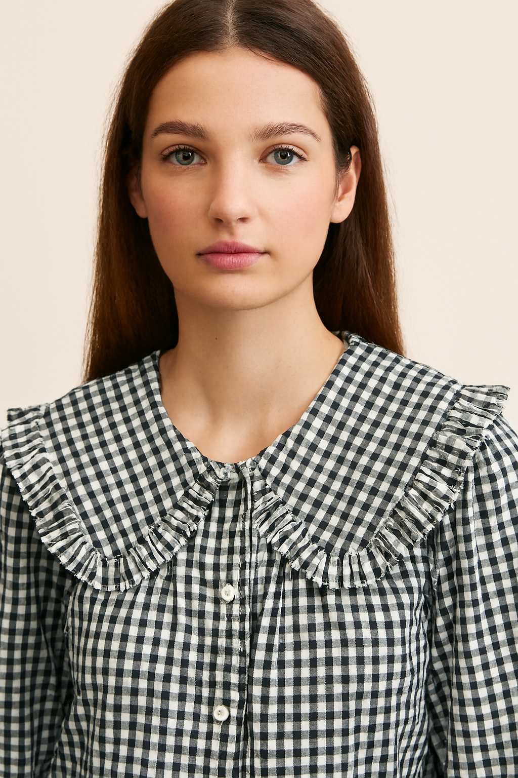 Women Black Cotton Gingham Frill Collar Shirt