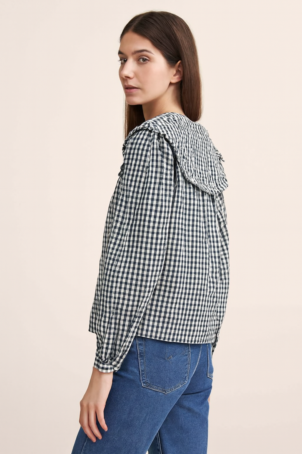 Women Black Cotton Gingham Frill Collar Shirt