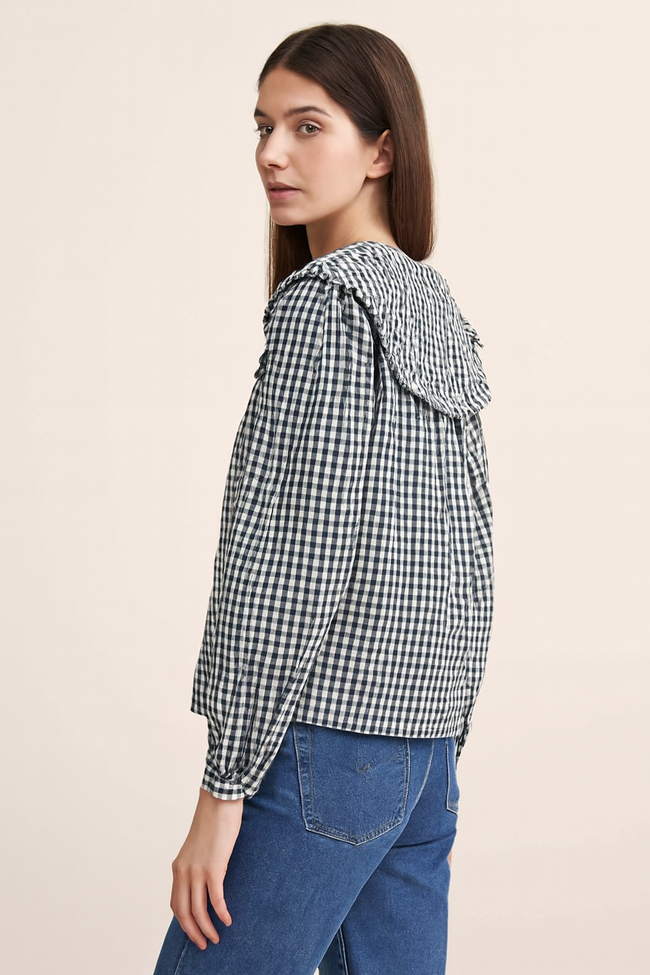 Women Black Cotton Gingham Frill Collar Shirt