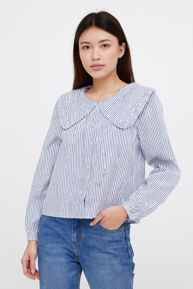 Women Blue Cotton Gingham Frill Collar Shirt