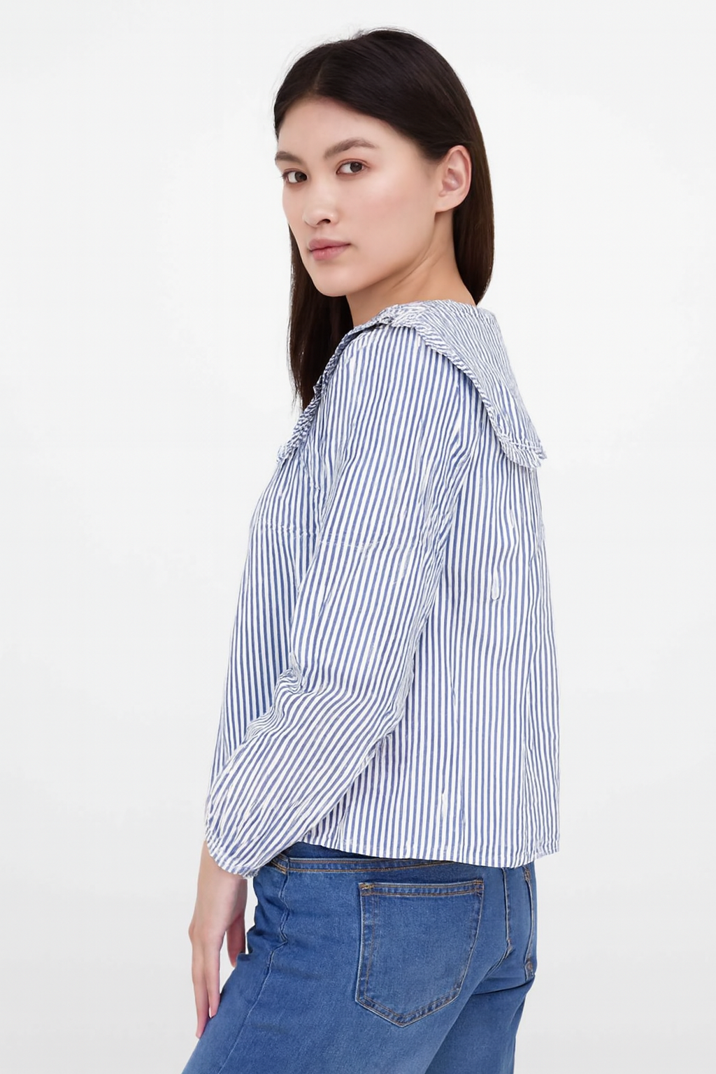 Women Blue Cotton Gingham Frill Collar Shirt