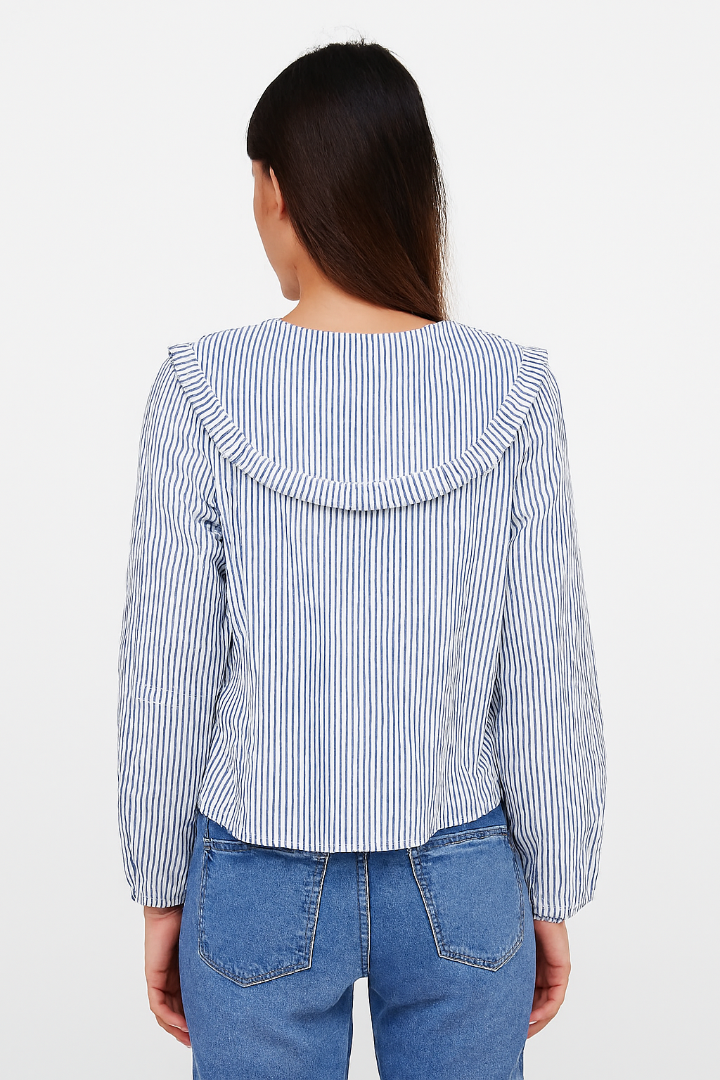 Women Blue Cotton Gingham Frill Collar Shirt