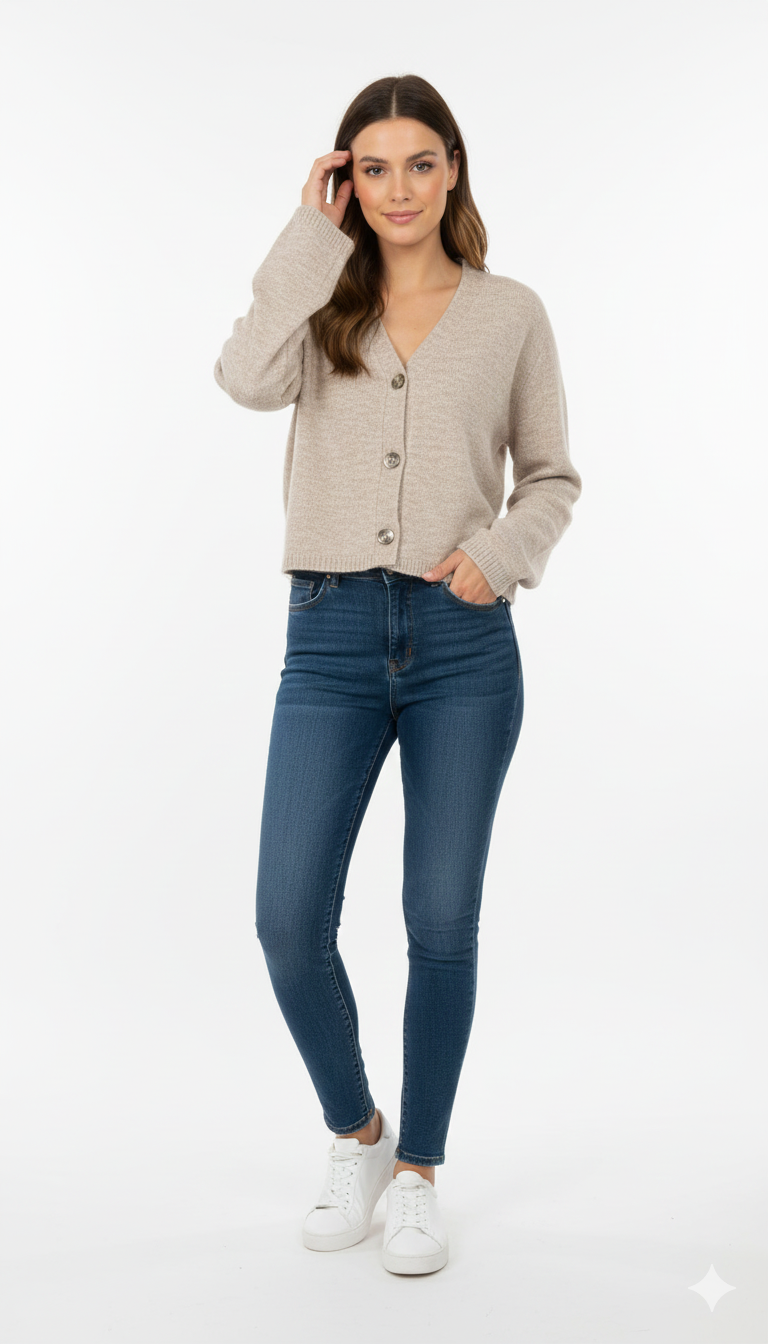 Women Beige Acrylic V-Neck Knitted Cardigan