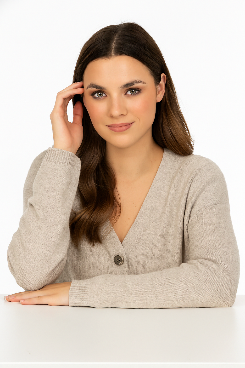 Women Beige Acrylic V-Neck Knitted Cardigan