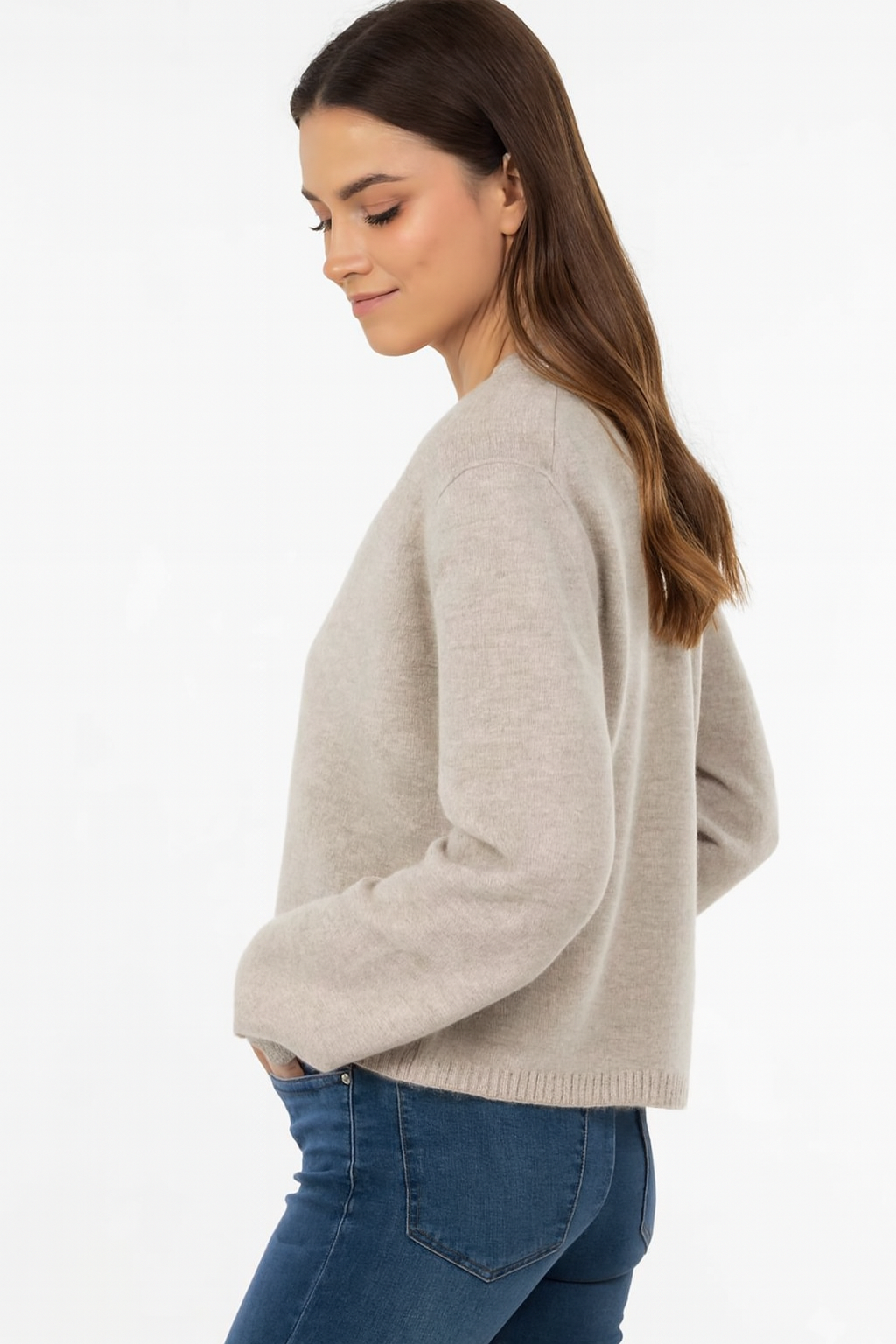 Women Beige Acrylic V-Neck Knitted Cardigan